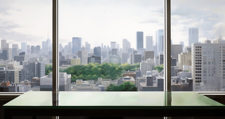 A working desk in front of a blurry background of an overlook through a large window. Outside is a huge city with skyscrapers, cityscape.