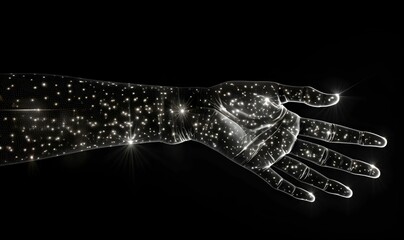 AI generated illustration of a black hand of a person glowing with multiple lights