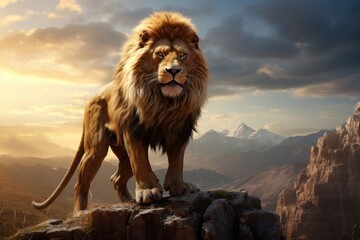 A burly male lion standing high on a rocky mountain. - obrazy, fototapety, plakaty