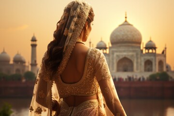 Beautiful Indian woman model in sari traditional dress with the Taj Mahal Palace in the background. - obrazy, fototapety, plakaty