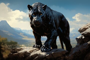 A large panther walked on a rocky hill on a high mountain.