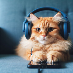 Ginger cat with headphones on his head lies on a blue sofa and holds a phone in his paws