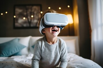 Happy cute boy man wearing VR headset on bed