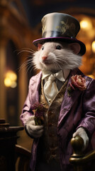 Cute rat in a hat and a suit with a bow. Anthropomorphic animals.