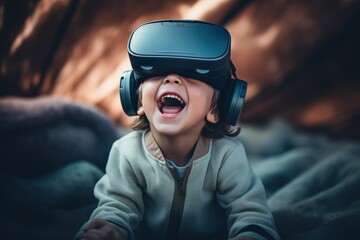 Happy cute boy man wearing VR headset on bed