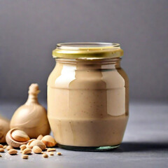  Jar of tasty tahini on light background. Created using generative AI tools