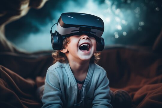 Happy cute boy man wearing VR headset on bed