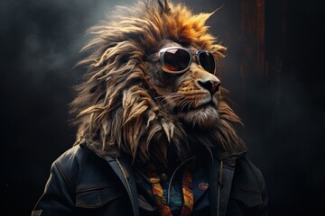 Lion head man wearing glasses - obrazy, fototapety, plakaty