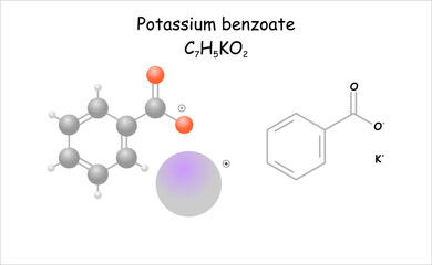 Potassium benzoate. Stylized molecule model and structural formula.
