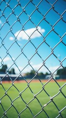 Fototapeta premium Chainlink wire mesh fence in front of the garden and lawn