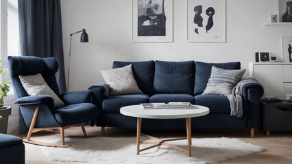 A Touch of Tranquility: Dark Blue Sofa and Recliner Chair in a Scandinavian Living Room
