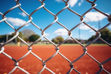 Fototapeta premium Chainlink wire mesh fence in front of the garden and lawn
