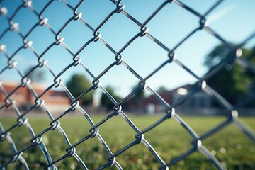 Fototapeta premium Chainlink wire mesh fence in front of the garden and lawn