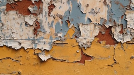Aged, weathered wall with faded paint and a distressed texture, AI-generated.