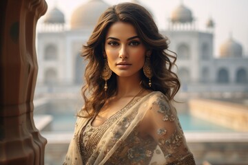 Beautiful Indian woman model in sari traditional dress with the Taj Mahal Palace in the background. - obrazy, fototapety, plakaty