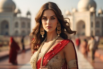 Fototapeta premium Beautiful Indian woman model in sari traditional dress with the Taj Mahal Palace in the background.