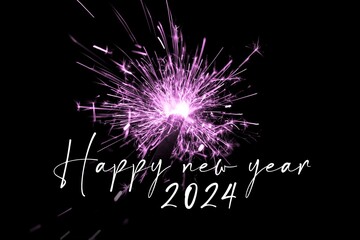 Happy new year 2024 pink sparkler new years eve countdown. Luxury entertainment celebration turn of the year party time. Premium nightlife visual with glowing light sparks on dark background - 672618246