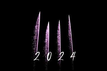 Happy new year 2024 pink fireworks rockets new years eve. Luxury firework event sky show turn of the year celebration. Holidays season party time. Premium entertainment nightlife background