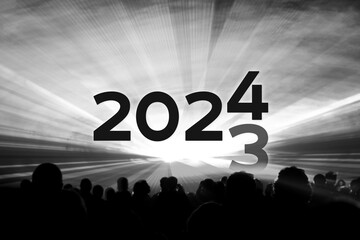 Turn of the year 2023 2024 black white laser show. Luxury entertainment with people crowd audience silhouettes at new year celebration. Premium nightlife event at holidays season time
