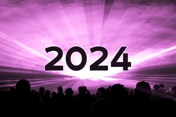Happy new year 2024 pink laser show party people crowd. Luxury entertainment with audience silhouettes turn of the year celebration. Premium nightlife event at holidays season party time