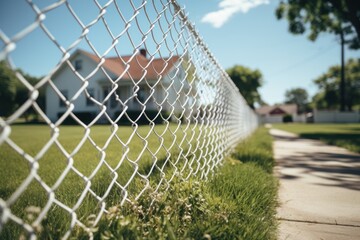 Chainlink wire mesh fence in front of the garden and lawn