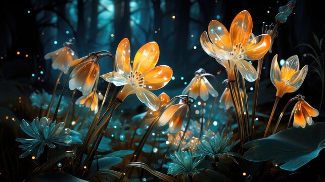 A surreal night jungle with glowing plants and snowdrops. Wonderful, fantastical, magical bioluminescent snowdrops. 3D rendering. Glow-in-the-dark flowers, 3D wallpaper. Floral background.