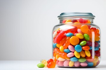 a jar filled with lots of candy and some sort of jelly
