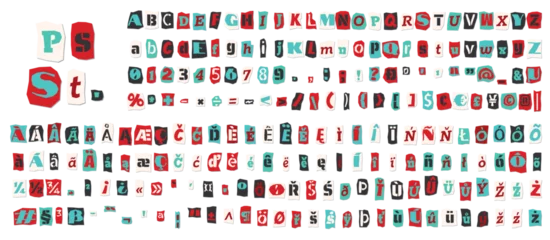 Foto op Plexiglas Ransom halftone collage style letters numbers and punctuation marks cut from newspapers and magazines. Vintage ABC collection. Red, black and white alphabet Typography vector illustration © zzayko