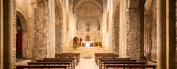 Ventimiglia - Italy - Interior of Romanic catholic cathedral with altar - obrazy, fototapety, plakaty