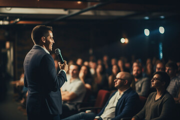Backview of a Stylish Young Businessman in a Dark Crowded Auditorium at a Startup Summit, Young Man Talking to a Microphone During a Q and A session, Entrepreneur Happy with Event Speaker
