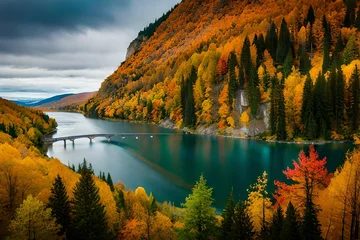 Fototapeten autumn landscape with lake and mountains © Sofia Saif