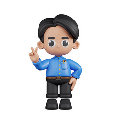 3d Character Teacher Showing Peace Sign Pose. 3d render isolated on transparent backdrop.