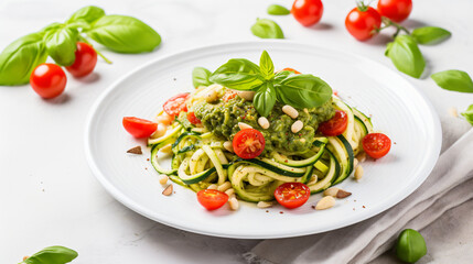 Zucchini pasta topped with tomatoes and basil pesto