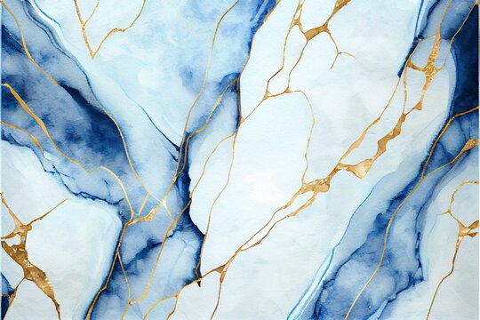 AI generated illustration of vibrant blue marble background with gold foil accents © Wirestock