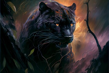 AI generated illustration of a black jaguar with piercing yellow eyes stalking through a dark forest