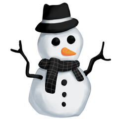 The snowman wears a black hat and a black and white scarf.