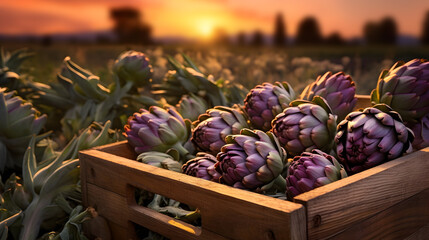 Artichokes harvested in a wooden box in artichoke field with sunset. Natural organic vegetable abundance. Agriculture, healthy and natural food concept.