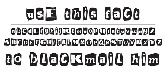 Ransom halftone collage style letters numbers and punctuation marks cut from newspapers and magazines. Vintage ABC collection. Black and white alphabet Typography vector illustration - obrazy, fototapety, plakaty