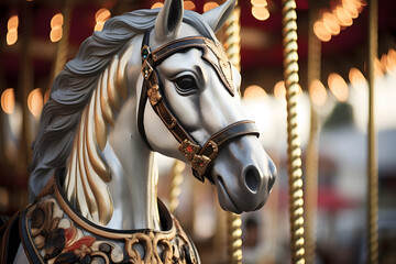 White horse sculpture at merry go round at funfair