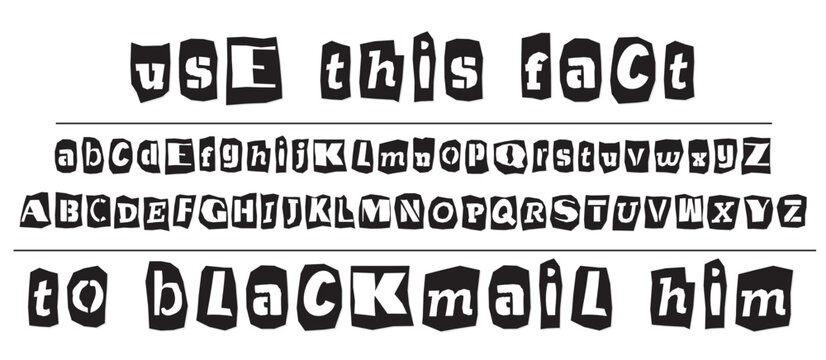Ransom halftone collage style letters numbers and punctuation marks cut from newspapers and magazines. Vintage ABC collection. Black and white alphabet Typography vector illustration