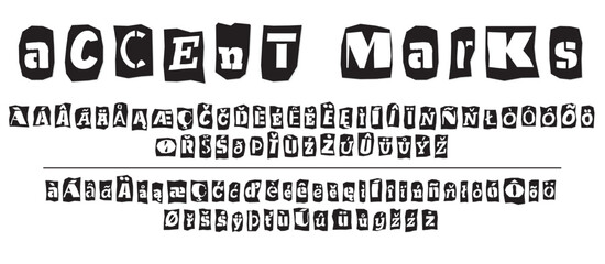 Ransom halftone collage style letters numbers and punctuation marks cut from newspapers and magazines. Vintage ABC collection. Black and white alphabet Typography vector illustration