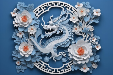 Paper cut of Chinese dragon statue with flower decoration on blue background.