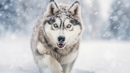 Gray Siberian Husky walking in the snow towards the viewer. AI-generated.