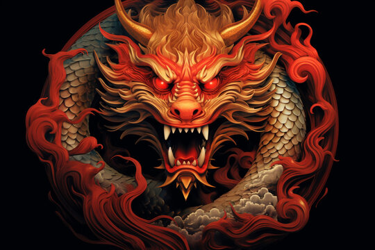 Dragon head with fire and smoke on black background. Digital painting.