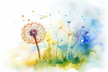 Watercolor dandelion on spring day. Generative AI