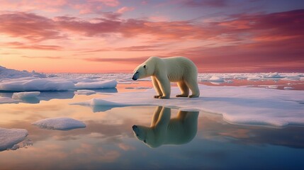AI generated illustration of a majestic polar bear on an iceberg under a sunset sky