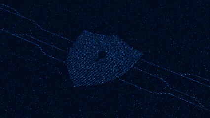The illustration shows a cybersecurity shield lock with a key hole on a dark blue binary code...