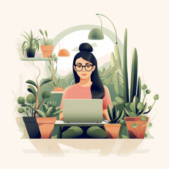 tech illustration, woman working at desk surrounded by succulents, simple minimal,generate ai