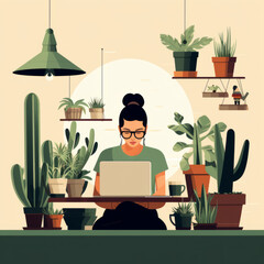 tech illustration, woman working at desk surrounded by succulents, simple minimal,generate ai