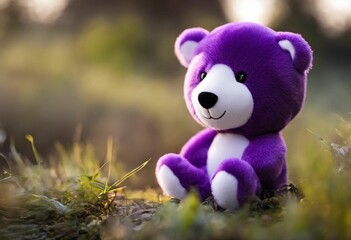 AI generated illustration of a bright purple teddy bear in a lush, green grassy field